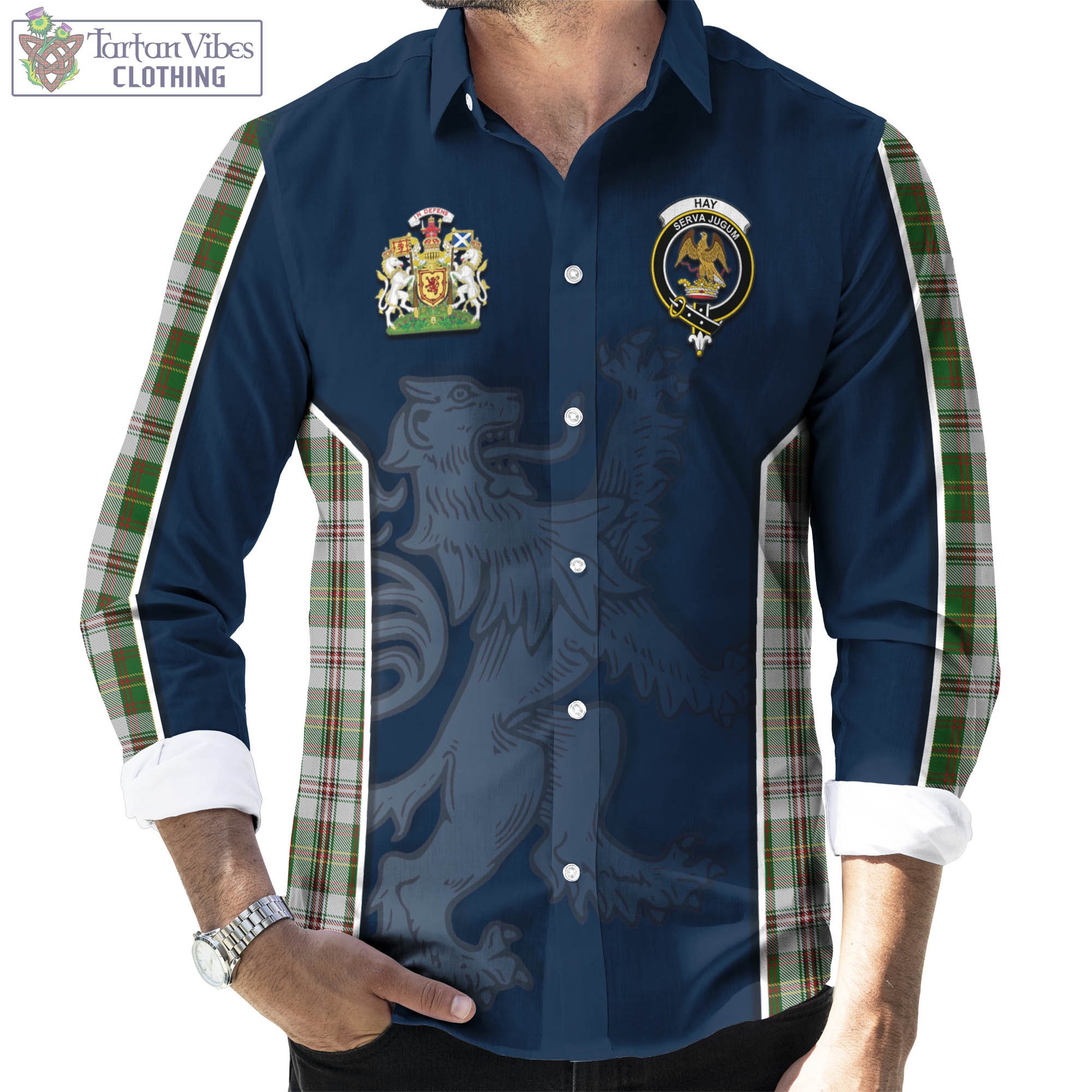 Tartan Vibes Clothing Hay White Dress Tartan Long Sleeve Button Up Shirt with Family Crest and Lion Rampant Vibes Sport Style