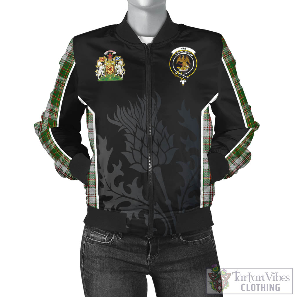 Tartan Vibes Clothing Hay White Dress Tartan Bomber Jacket with Family Crest and Scottish Thistle Vibes Sport Style