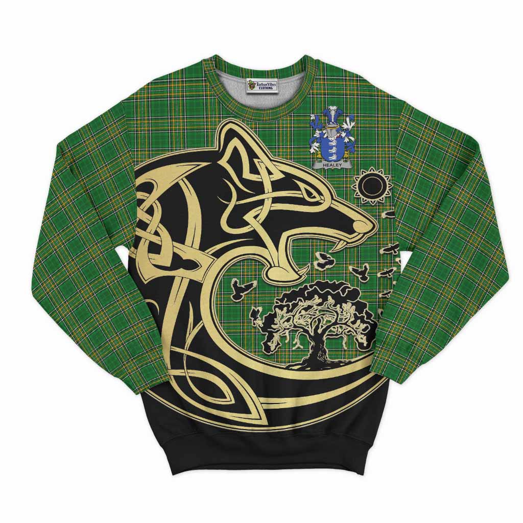 Healey Irish Tartan Sweatshirt with Coat of Arms Celtic Wolf Style Unisex - Tartan Vibes Clothing