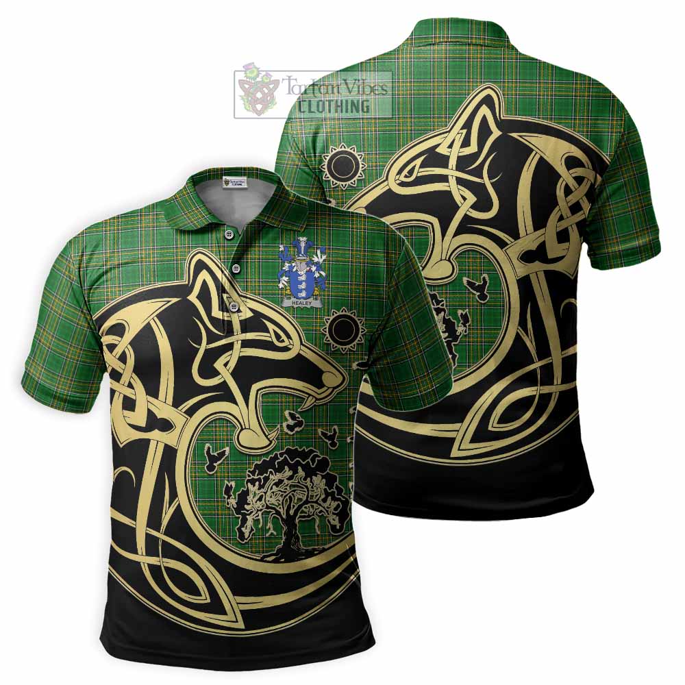 Healey Irish Tartan Polo Shirt with Coat of Arms Celtic Wolf Style - Tartan Vibes Clothing