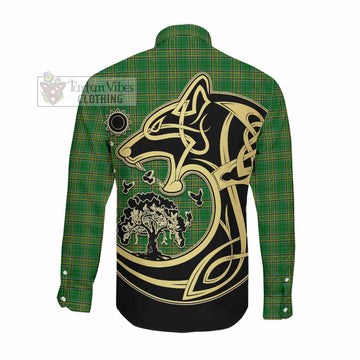Tartan Vibes Clothing Hearon Irish Tartan Long Sleeve Button Shirt with Coat of Arms Celtic Wolf Style