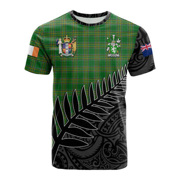 Tartan Vibes Clothing Heaton Irish Clan Tartan Cotton T-shirt with Coat of Arms New Zealand Silver Fern Half Style
