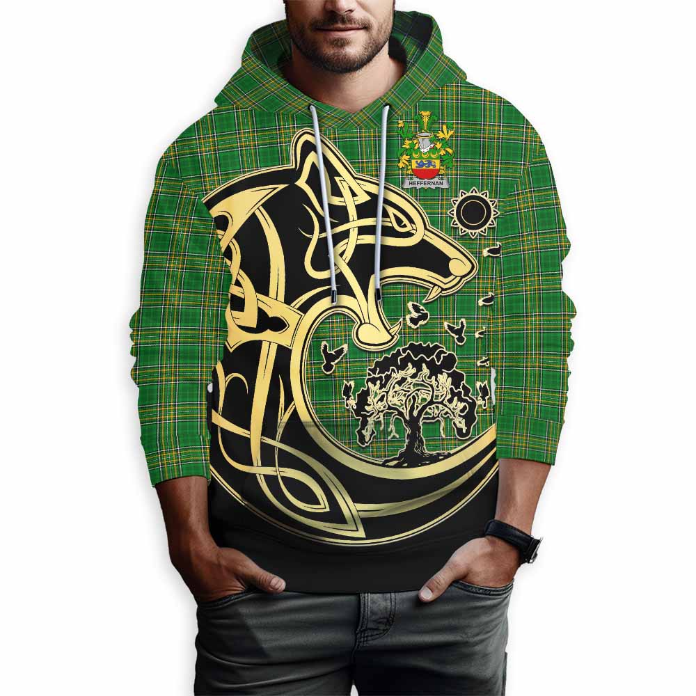 Tartan Vibes Clothing Heffernan Irish Tartan Hoodie with Coat of Arms Celtic Wolf Style