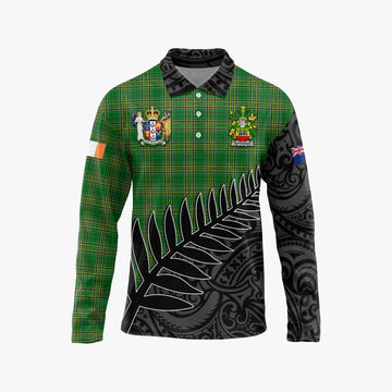 Tartan Vibes Clothing Heffernan Irish Clan Tartan Long Sleeve Polo Shirt with Coat of Arms New Zealand Silver Fern Half Style