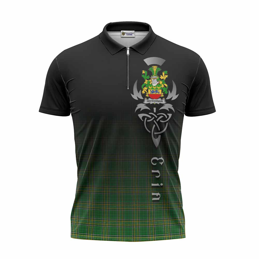 Tartan Vibes Clothing Heffernan Irish Clan Zipper Polo Shirt with Coat of Arms Erin Go Bragh Celtic Inspired