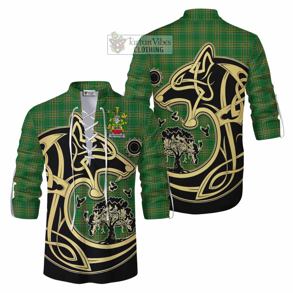 Tartan Vibes Clothing Heffernan Irish Tartan Ghillie Kilt Shirt with Coat of Arms Celtic Wolf Style
