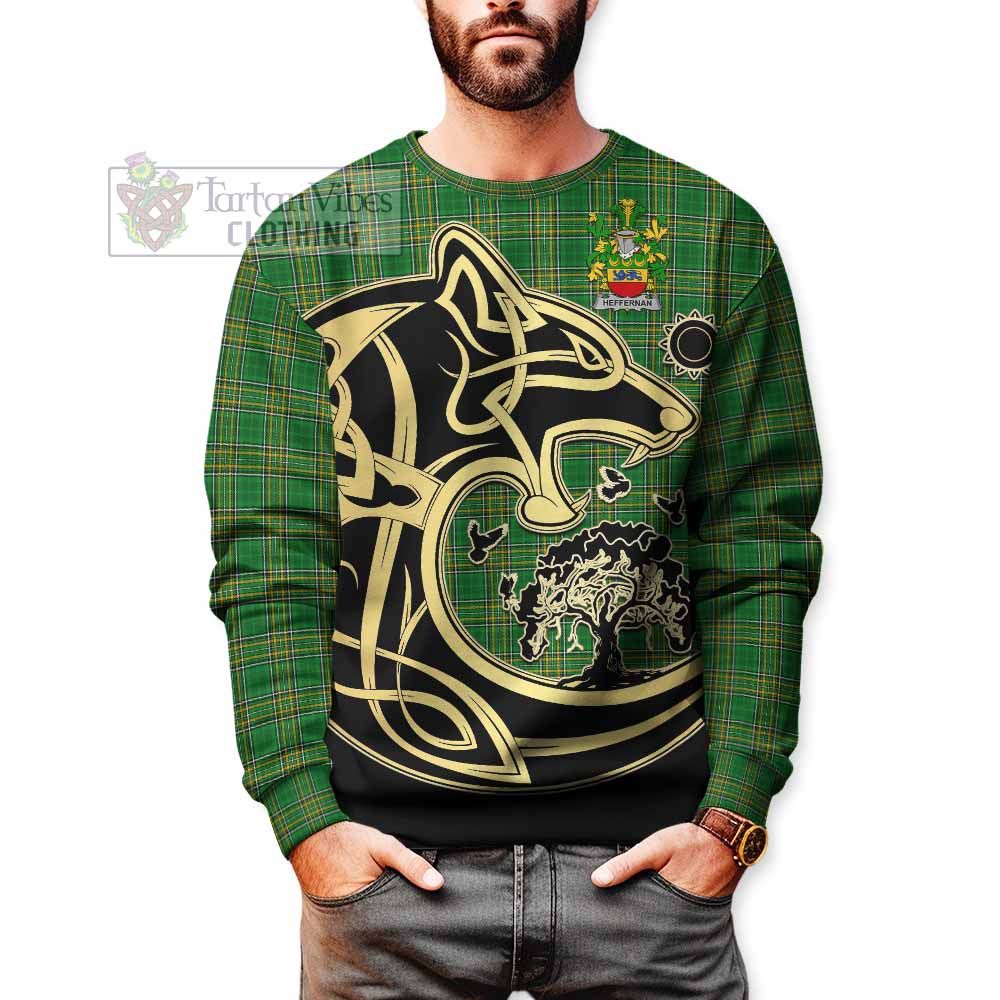Tartan Vibes Clothing Heffernan Irish Tartan Sweatshirt with Coat of Arms Celtic Wolf Style