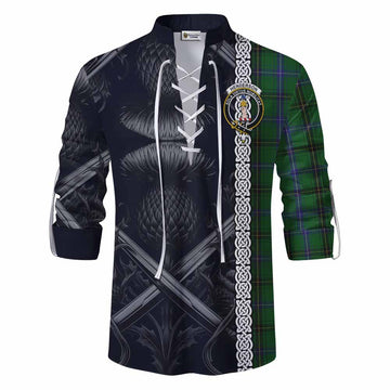 Tartan Vibes Clothing Henderson Tartan Ghillie Kilt Shirt with Family Crest Cross Sword Thistle Celtic Vibes