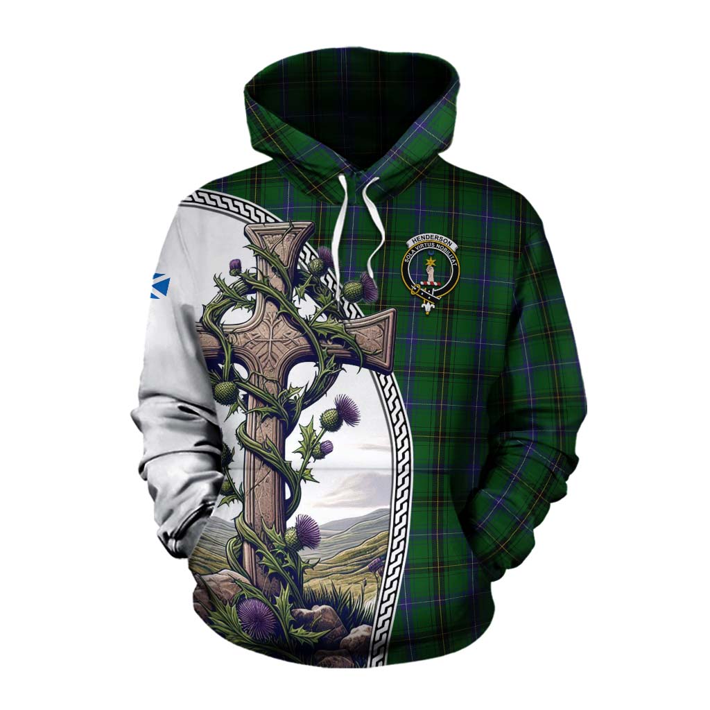 Tartan Vibes Clothing Henderson Tartan Cotton Hoodie with Family Crest and St. Andrew's Cross Accented by Thistle Vines