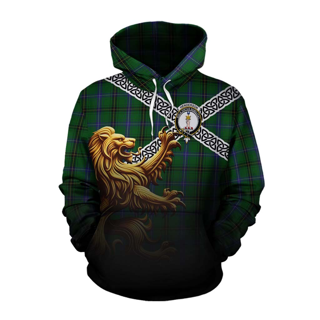 Tartan Vibes Clothing Henderson Crest Tartan Cotton Hoodie with Golden Lion Emblem Celtic Style