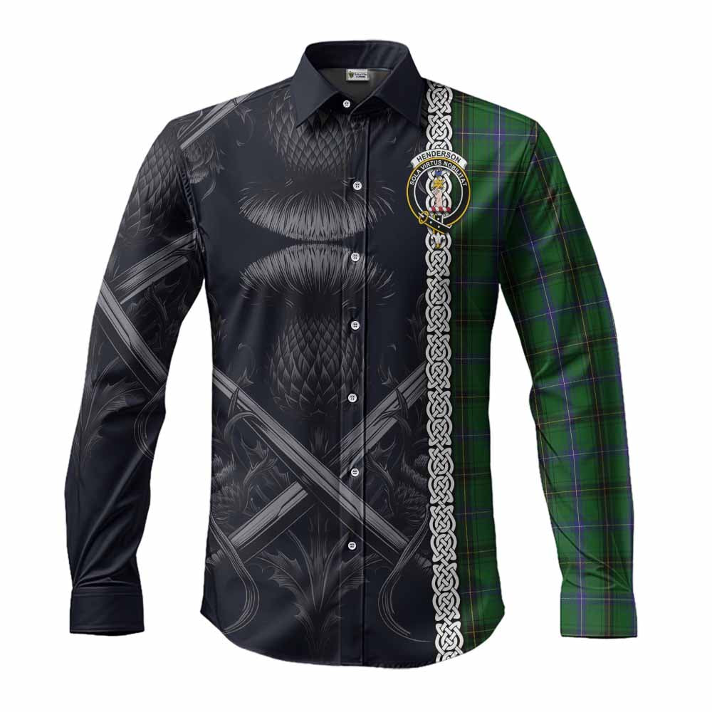 Tartan Vibes Clothing Henderson Tartan Long Sleeve Button Shirt with Family Crest Cross Sword Thistle Celtic Vibes