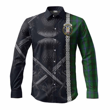 Henderson Tartan Long Sleeve Button Shirt with Family Crest Cross Sword Thistle Celtic Vibes