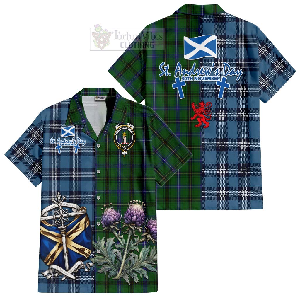Tartan Vibes Clothing Henderson Tartan Short Sleeve Button Shirt Happy St. Andrew's Day Half Tartan Style