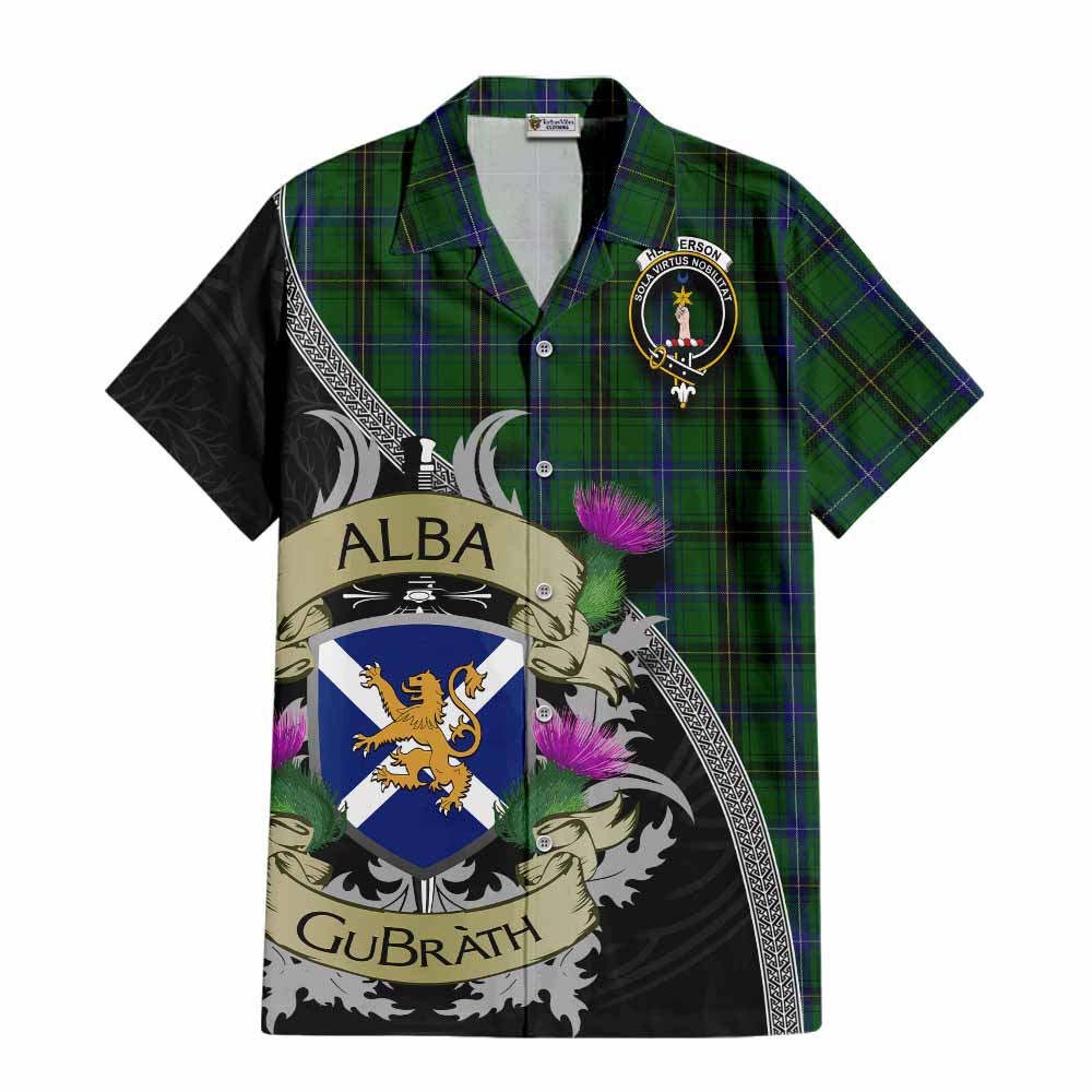 Tartan Vibes Clothing Henderson Tartan Family Crest Short Sleeve Button Shirt Lion Rampant Royal Thistle Shield Celtic Inspired
