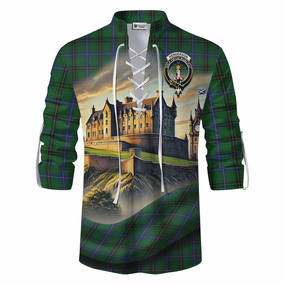 Tartan Vibes Clothing Henderson Tartan Family Crest Ghillie Kilt Shirt with Scottish Ancient Castle Style