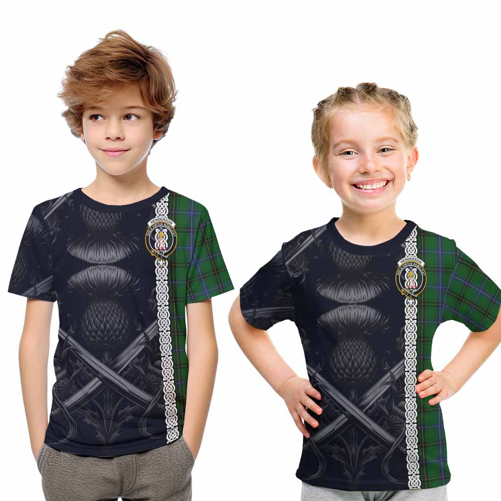 Tartan Vibes Clothing Henderson Tartan Kid T-Shirt with Family Crest Cross Sword Thistle Celtic Vibes