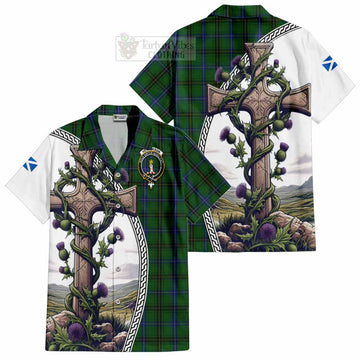 Tartan Vibes Clothing Henderson Tartan Short Sleeve Button Shirt with Family Crest and St. Andrew's Cross Accented by Thistle Vines