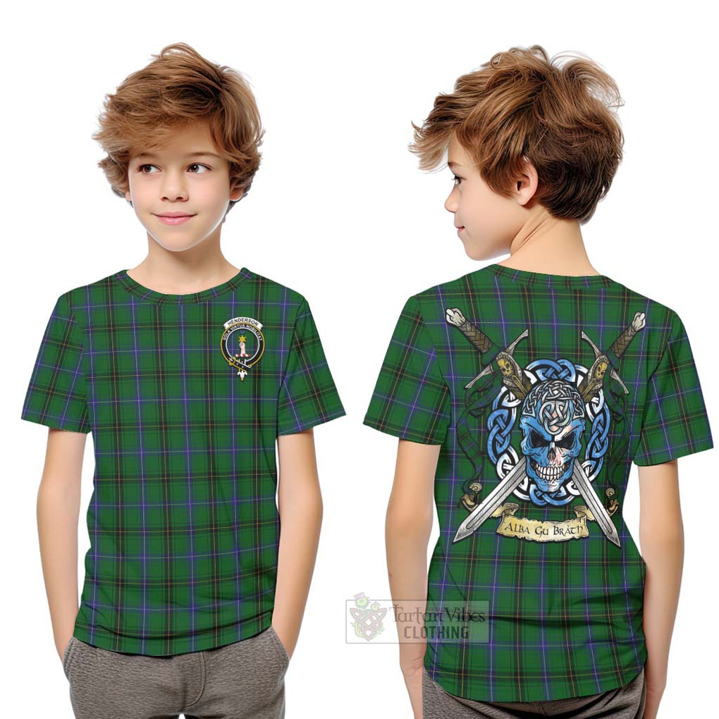 Tartan Vibes Clothing Henderson Tartan Kid T-Shirt with Family Crest Celtic Skull Style