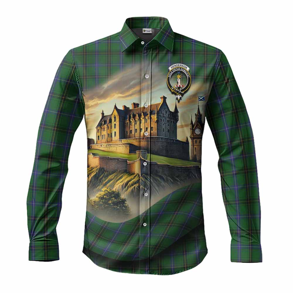 Tartan Vibes Clothing Henderson Tartan Family Crest Long Sleeve Button Shirt with Scottish Ancient Castle Style