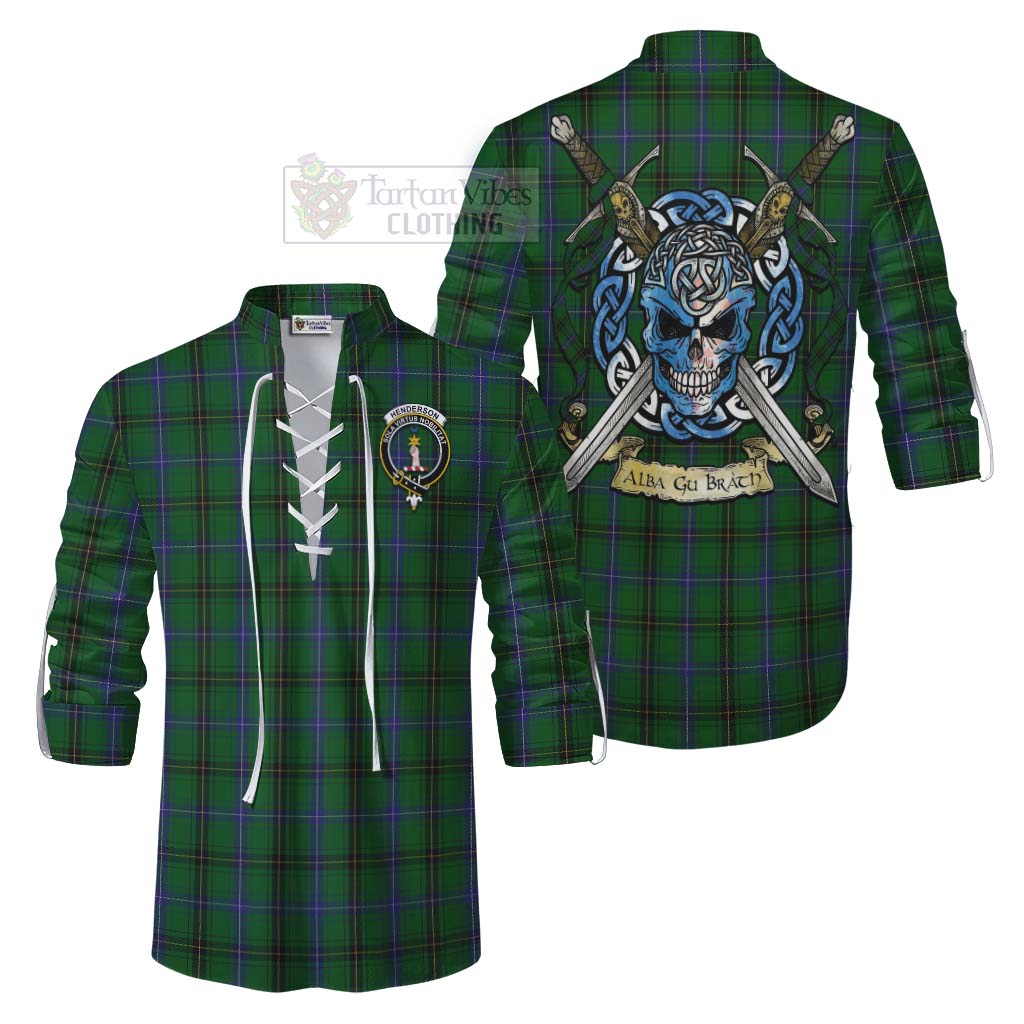 Tartan Vibes Clothing Henderson Tartan Ghillie Kilt Shirt with Family Crest Celtic Skull Style