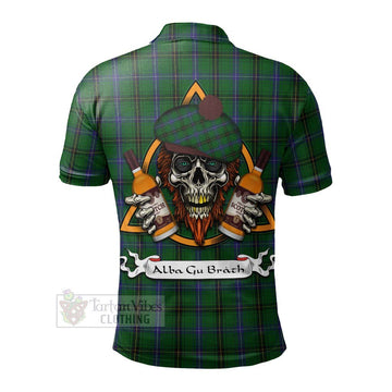 Tartan Vibes Clothing Henderson Tartan Polo Shirt with Family Crest and Bearded Skull Holding Bottles of Whiskey