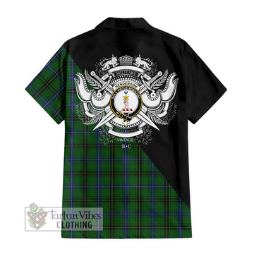 Henderson Tartan Short Sleeve Button Shirt with Family Crest and Military Logo Style - Tartanvibesclothing Shop