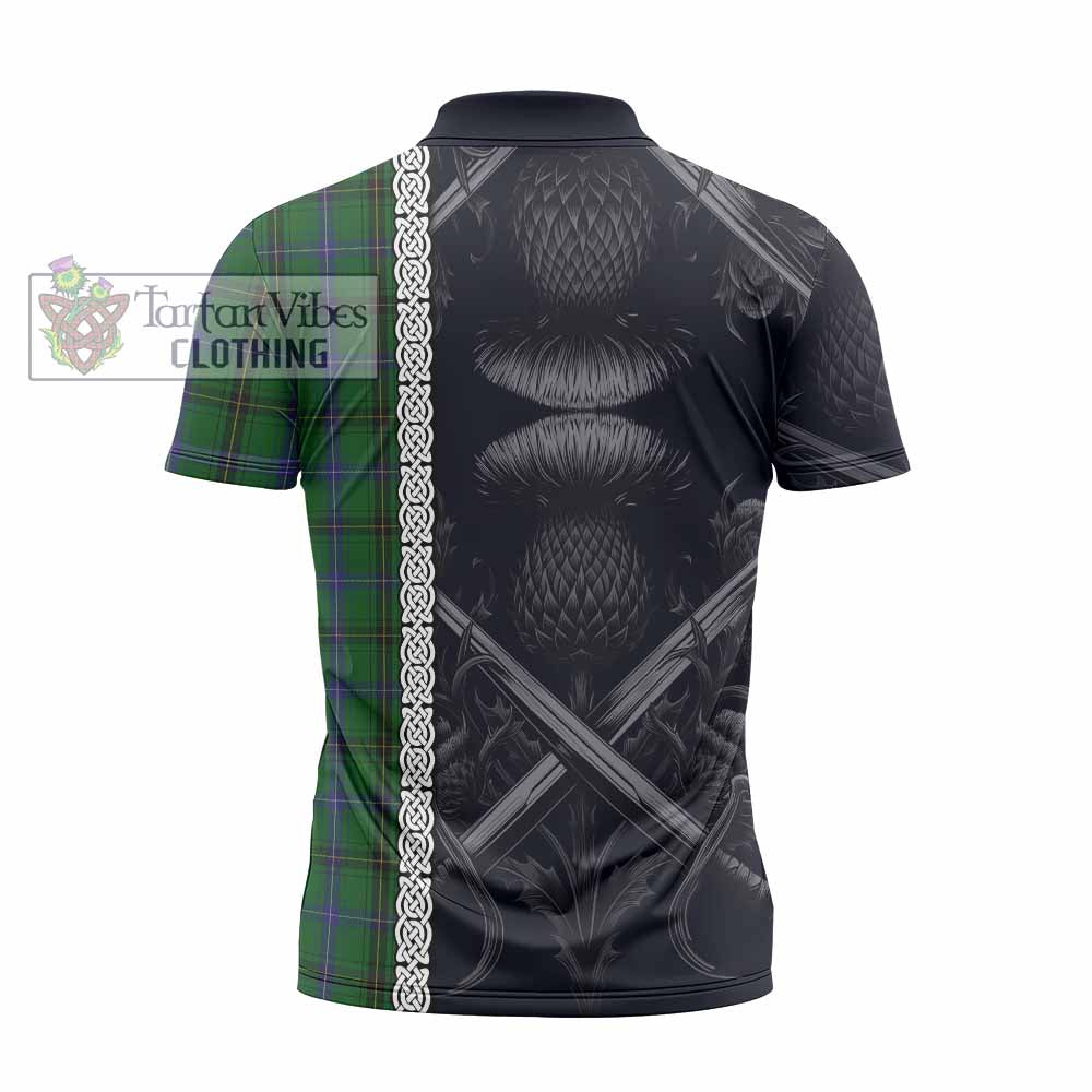 Tartan Vibes Clothing Henderson Tartan Zipper Polo Shirt with Family Crest Cross Sword Thistle Celtic Vibes