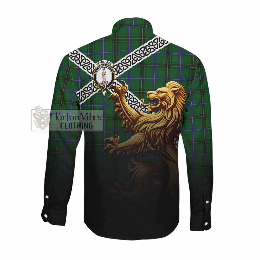 Tartan Vibes Clothing Henderson Crest Tartan Long Sleeve Button Shirt with Golden Lion Emblem Celtic Style