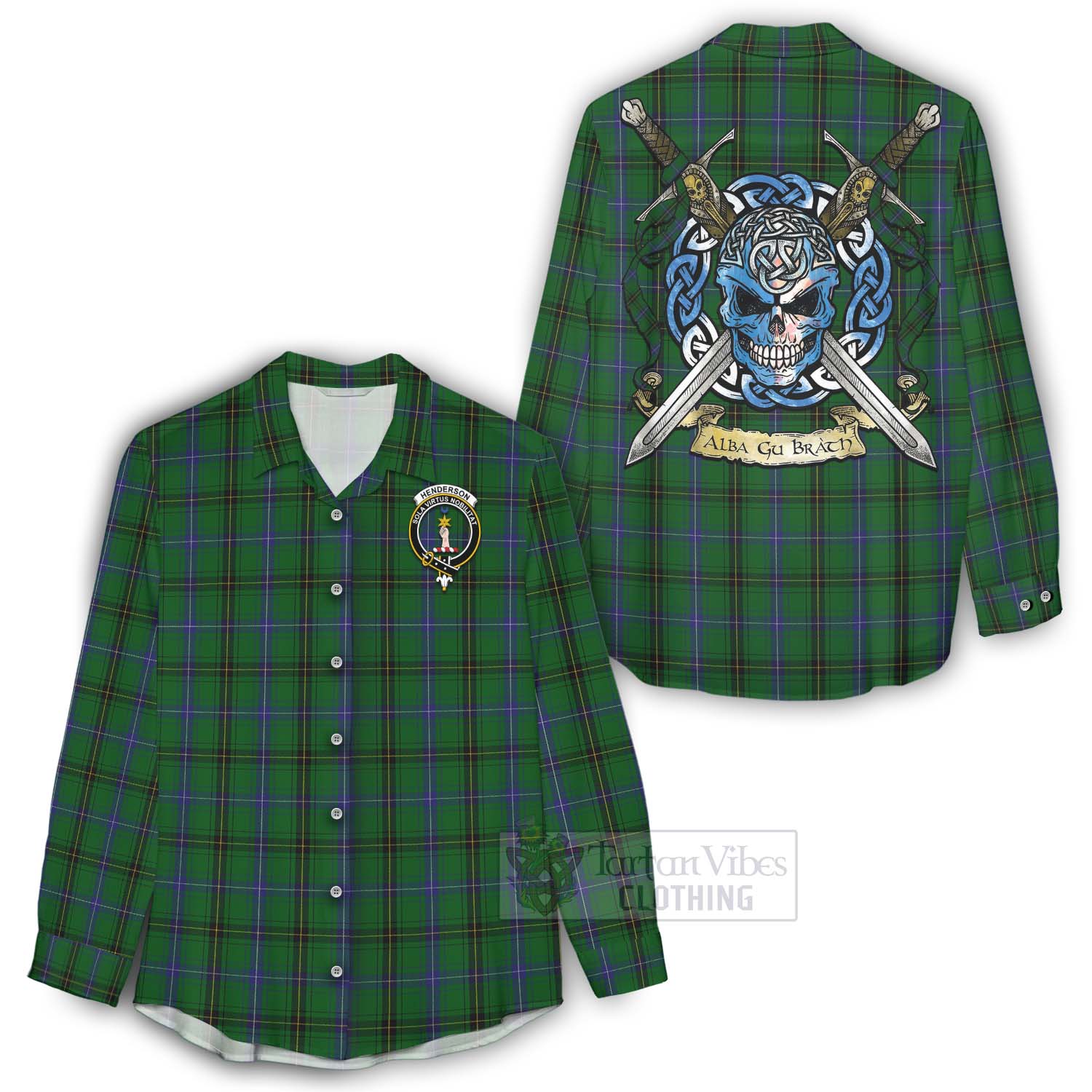 Tartan Vibes Clothing Henderson Tartan Women's Casual Shirt with Family Crest Celtic Skull Style