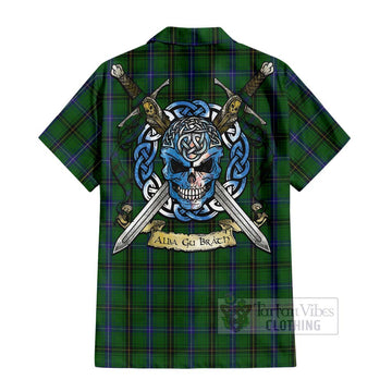 Tartan Vibes Clothing Henderson Tartan Short Sleeve Button Shirt with Family Crest Celtic Skull Style