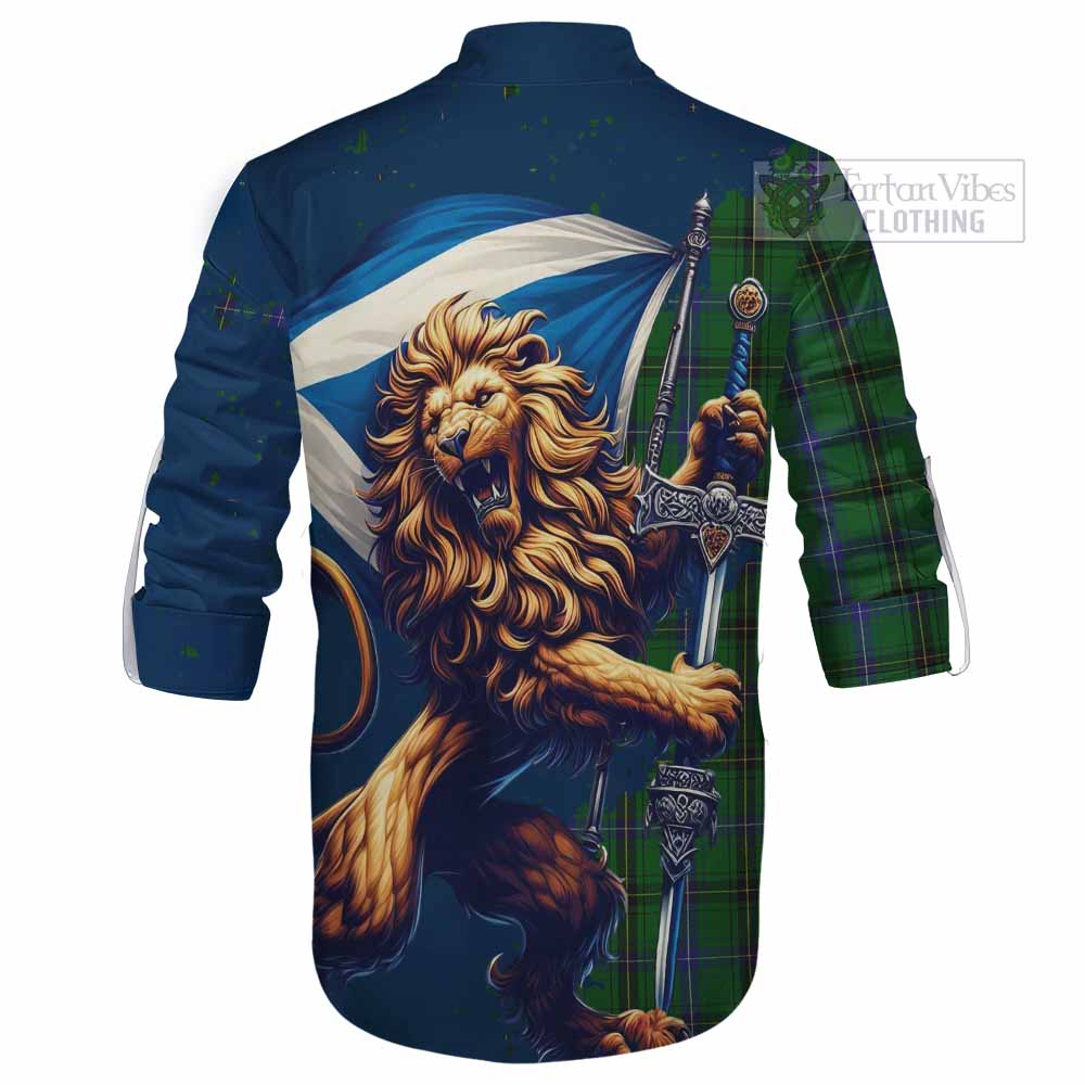 Tartan Vibes Clothing Henderson Tartan Family Crest Ghillie Kilt Shirt with Scottish Majestic Lion