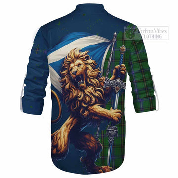 Tartan Vibes Clothing Henderson Tartan Family Crest Ghillie Kilt Shirt with Scottish Majestic Lion