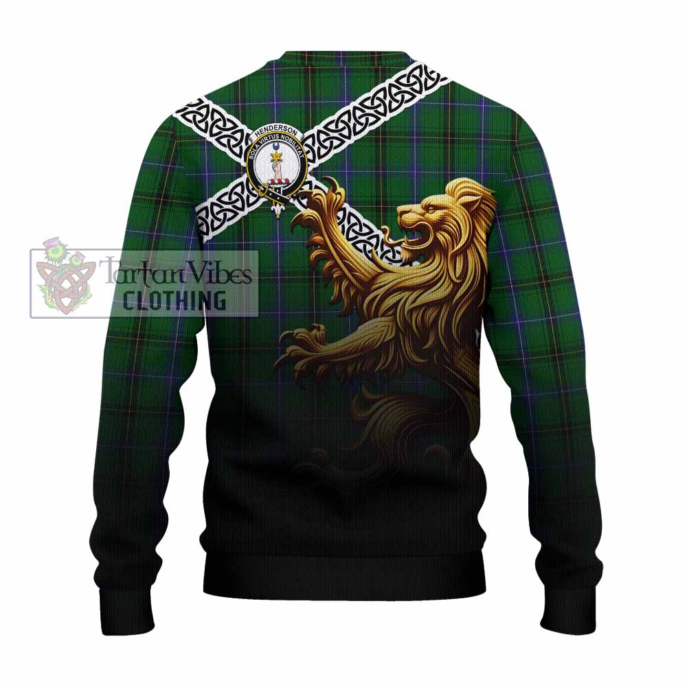 Tartan Vibes Clothing Henderson Crest Tartan Knitted Sweater with Golden Lion Emblem Celtic Style