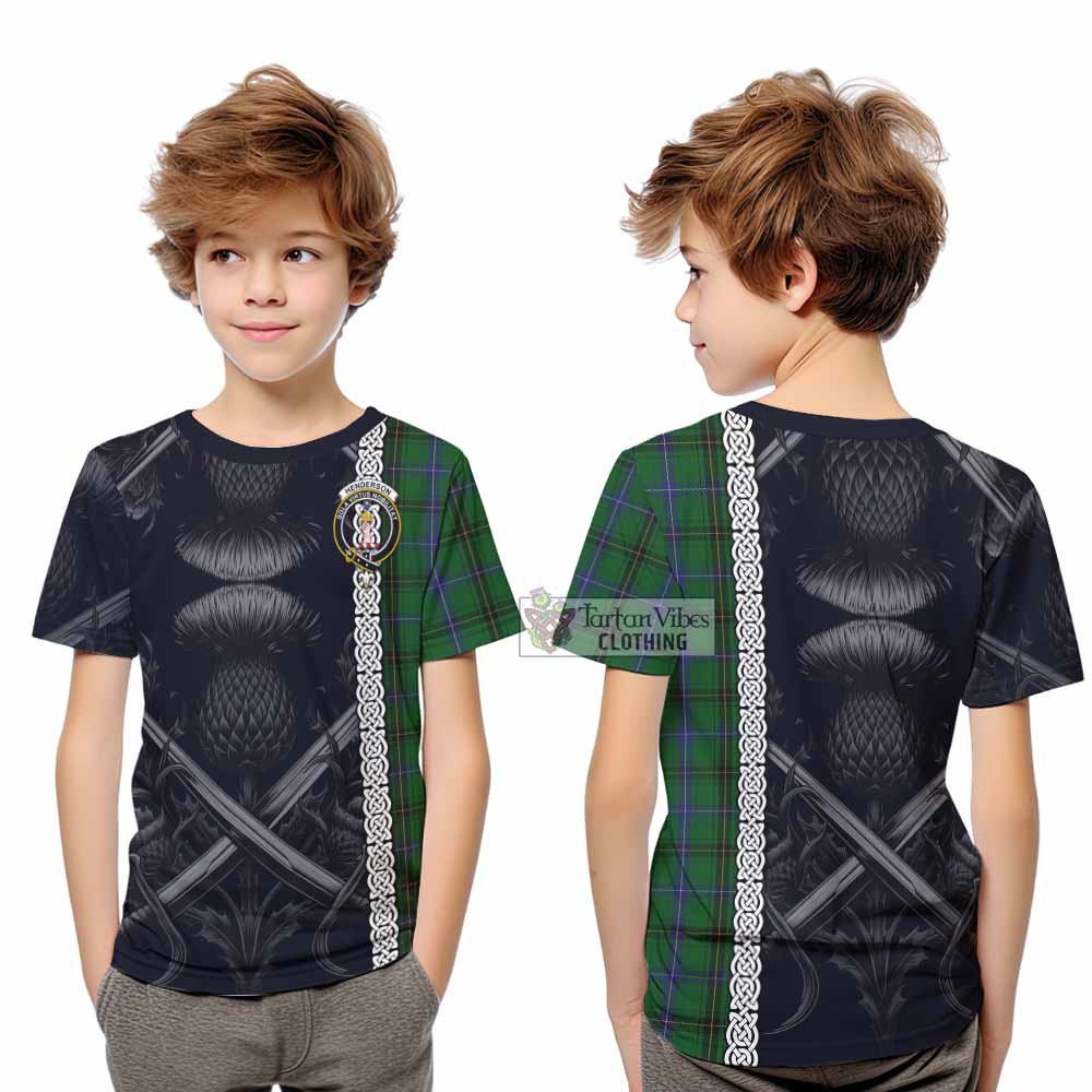 Tartan Vibes Clothing Henderson Tartan Kid T-Shirt with Family Crest Cross Sword Thistle Celtic Vibes