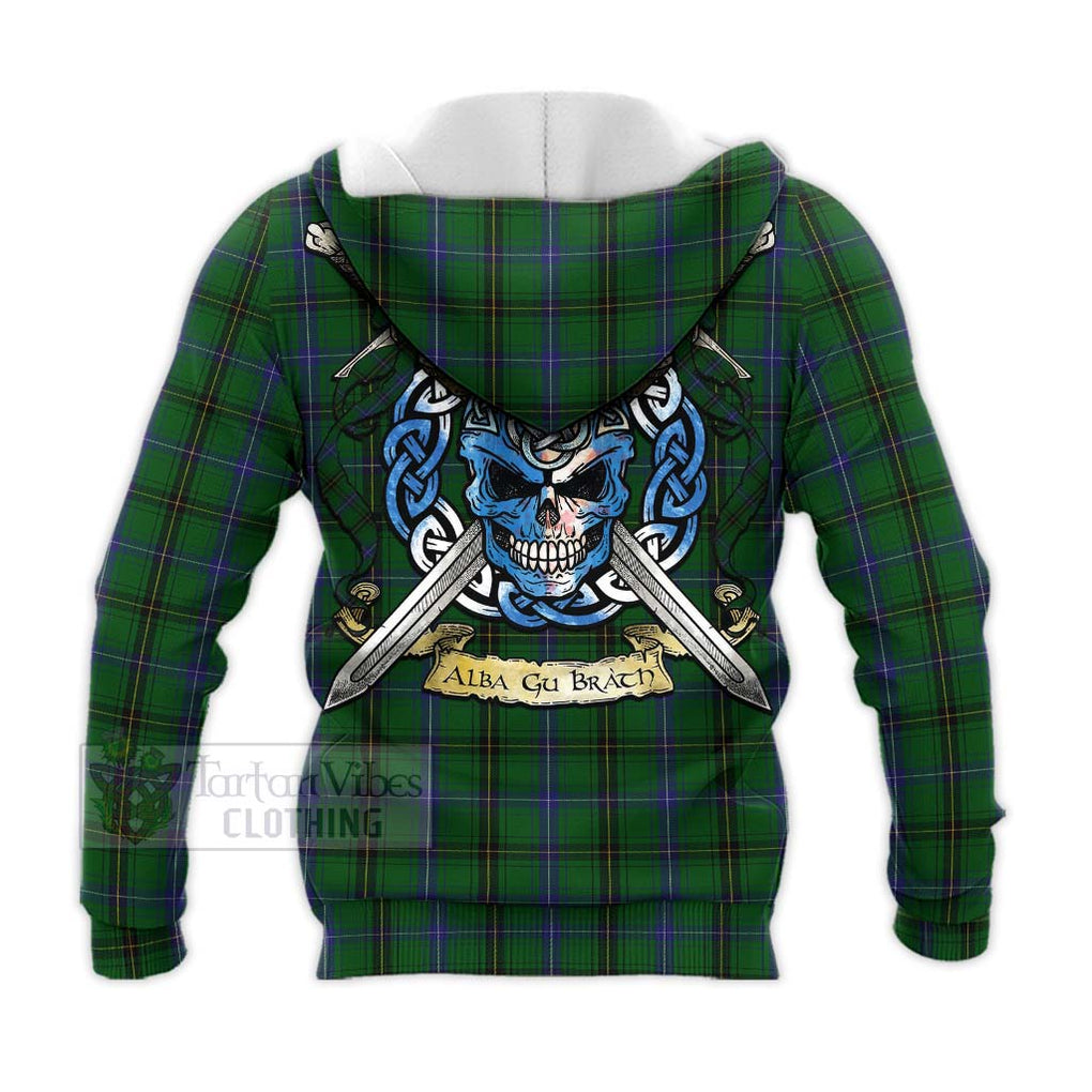 Tartan Vibes Clothing Henderson Tartan Knitted Hoodie with Family Crest Celtic Skull Style