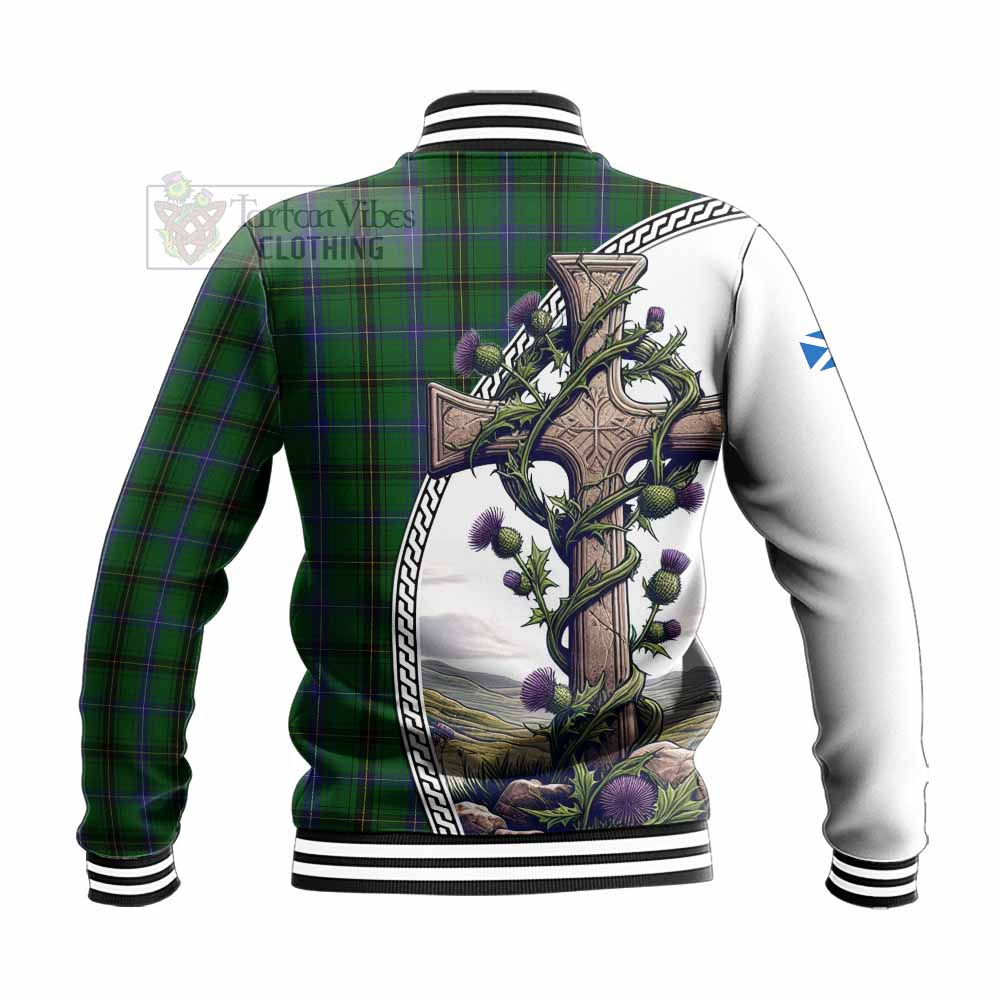 Tartan Vibes Clothing Henderson Tartan Baseball Jacket with Family Crest and St. Andrew's Cross Accented by Thistle Vines