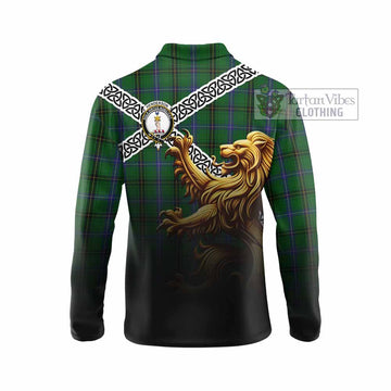 Henderson Crest Tartan Long Sleeve Polo Shirt with Golden Lion Emblem Celtic Style