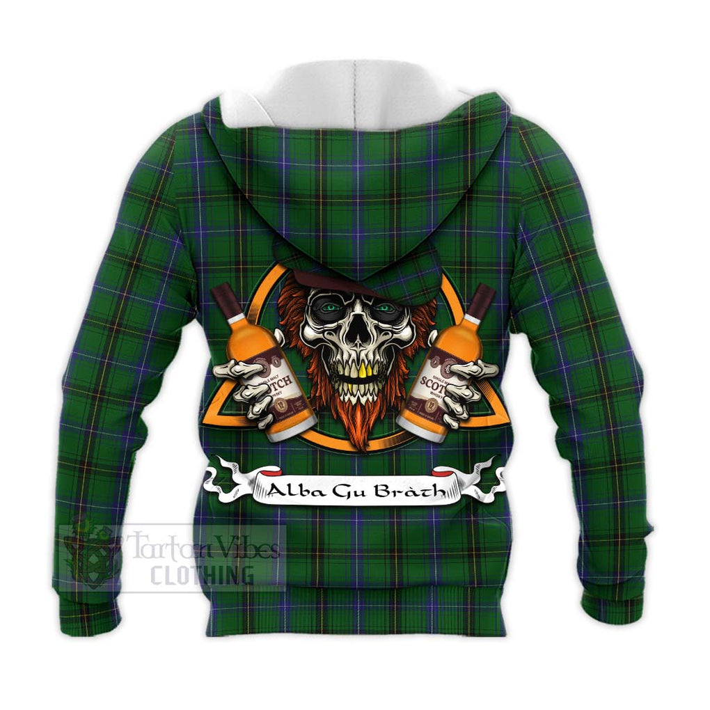 Tartan Vibes Clothing Henderson Tartan Knitted Hoodie with Family Crest and Bearded Skull Holding Bottles of Whiskey