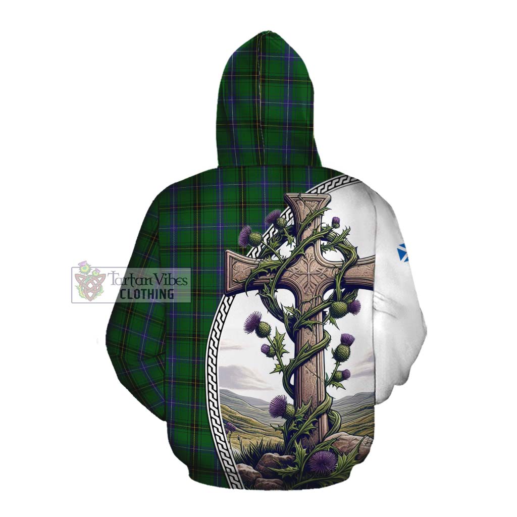 Tartan Vibes Clothing Henderson Tartan Cotton Hoodie with Family Crest and St. Andrew's Cross Accented by Thistle Vines