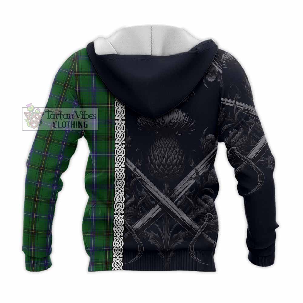 Tartan Vibes Clothing Henderson Tartan Knitted Hoodie with Family Crest Cross Sword Thistle Celtic Vibes