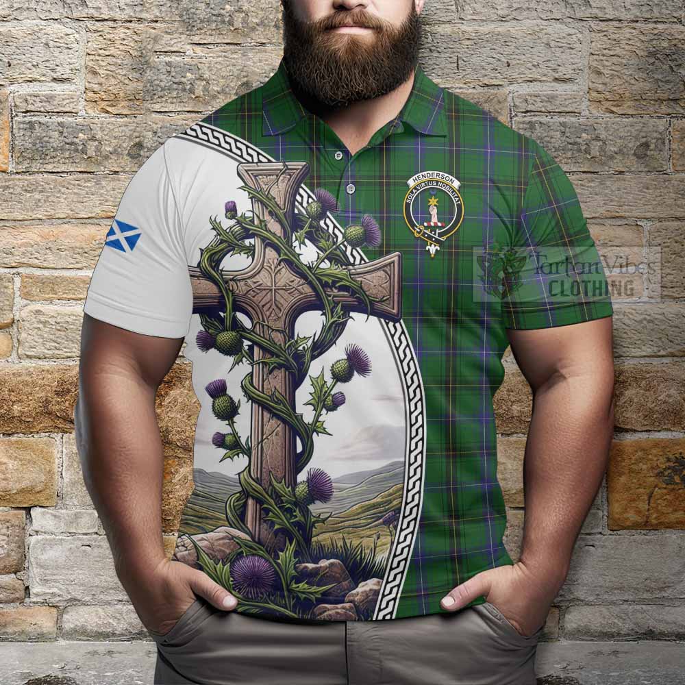 Tartan Vibes Clothing Henderson Tartan Polo Shirt with Family Crest and St. Andrew's Cross Accented by Thistle Vines