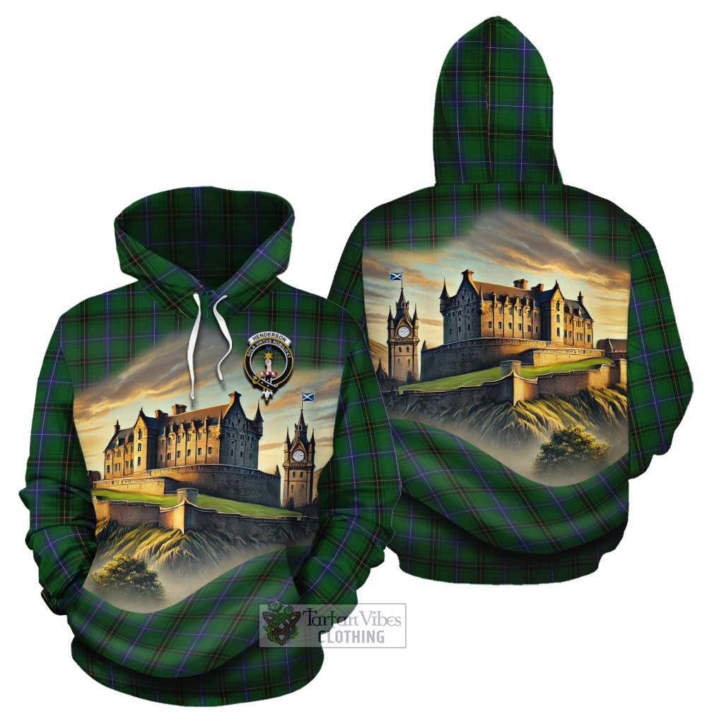 Tartan Vibes Clothing Henderson Tartan Family Crest Cotton Hoodie with Scottish Ancient Castle Style