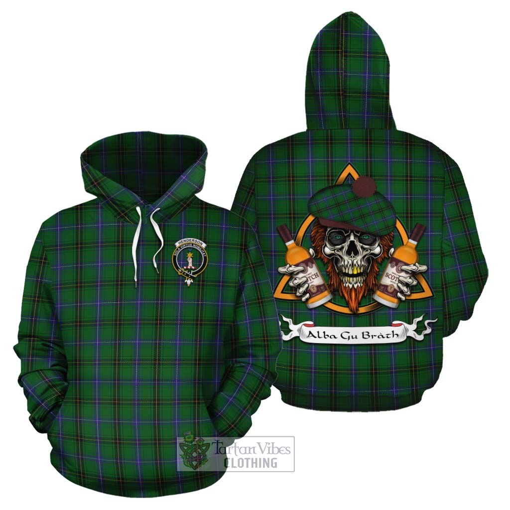 Tartan Vibes Clothing Henderson Tartan Cotton Hoodie with Family Crest and Bearded Skull Holding Bottles of Whiskey