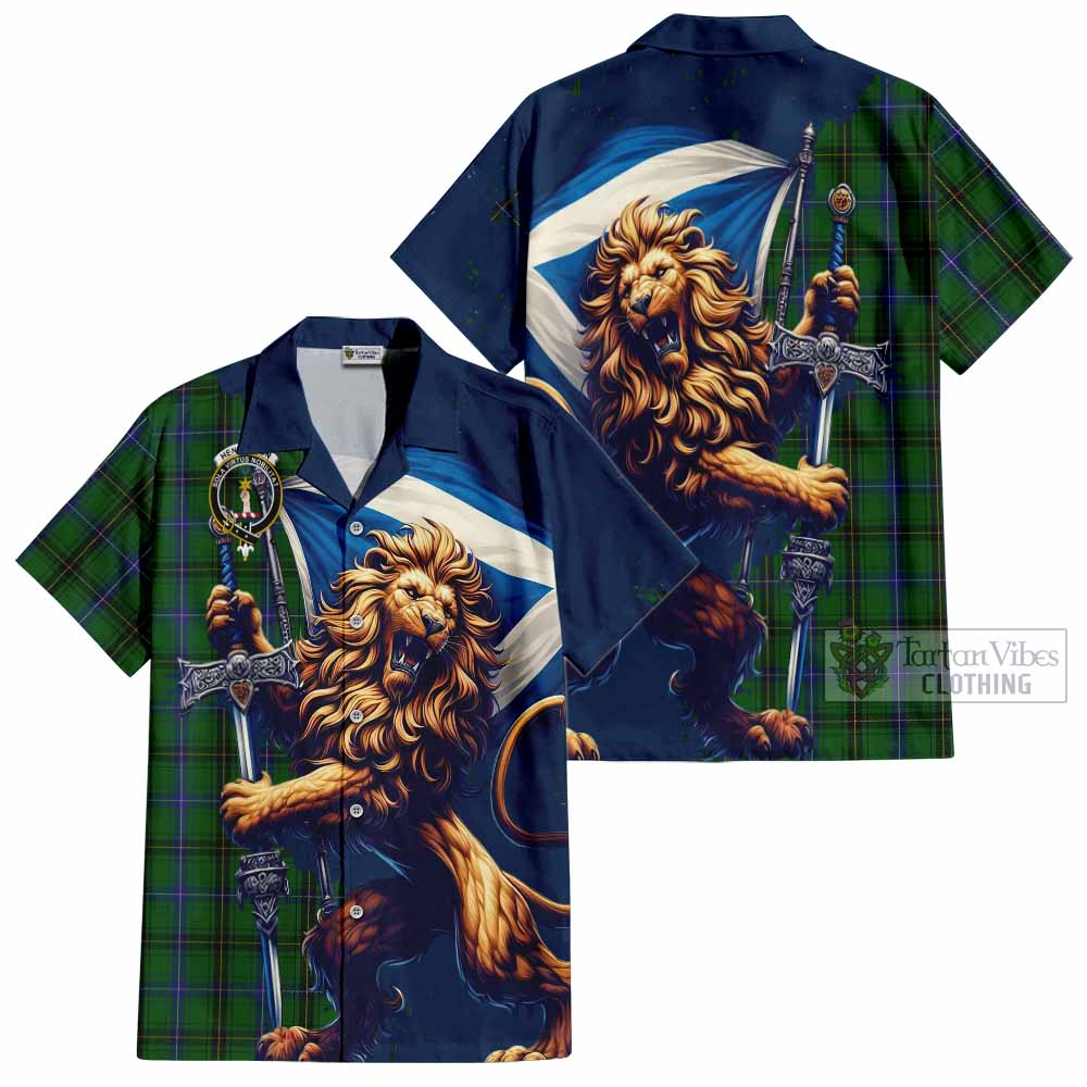 Tartan Vibes Clothing Henderson Tartan Family Crest Short Sleeve Button Shirt with Scottish Majestic Lion