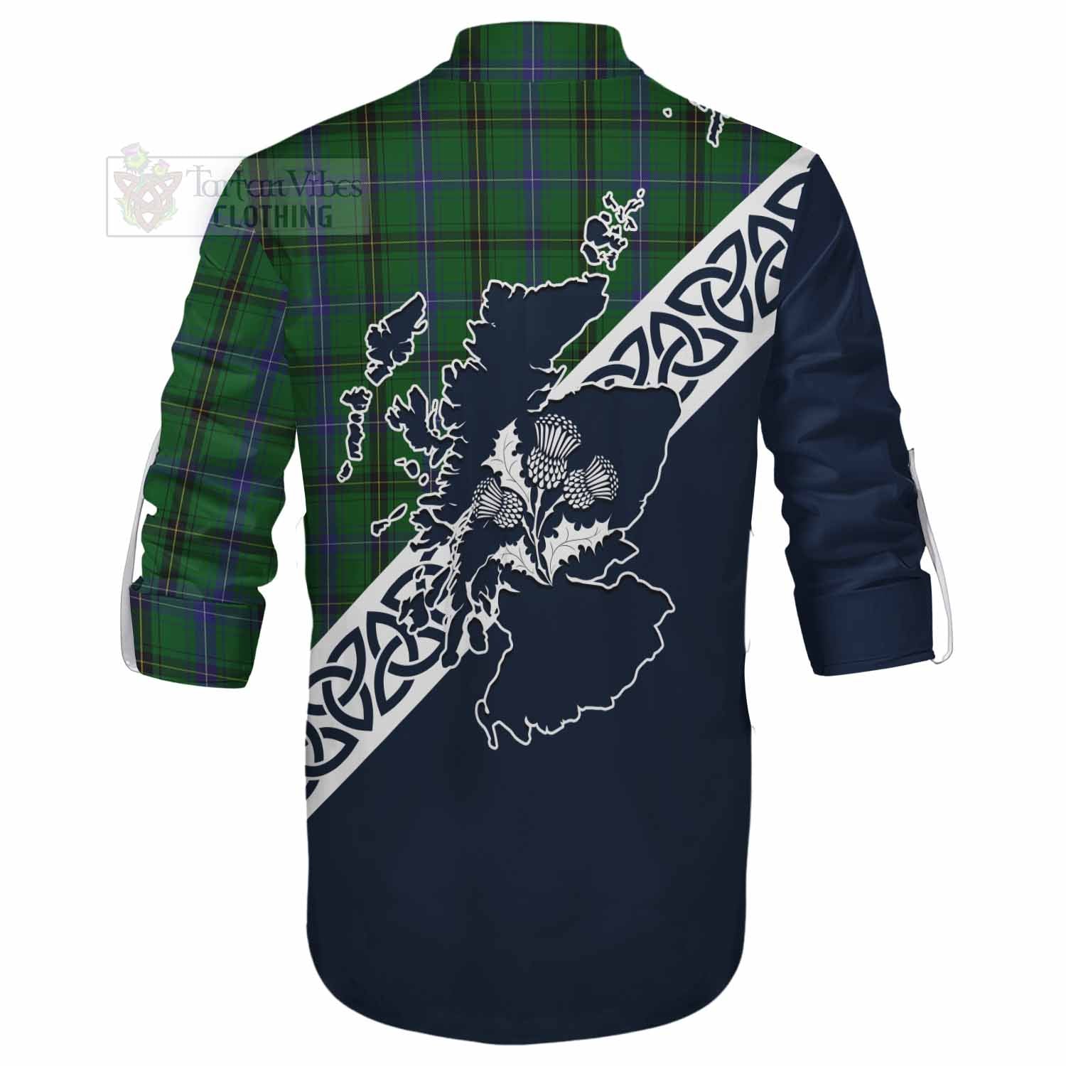 Tartan Vibes Clothing Henderson Tartan Ghillie Kilt Shirt Featuring Thistle and Scotland Map
