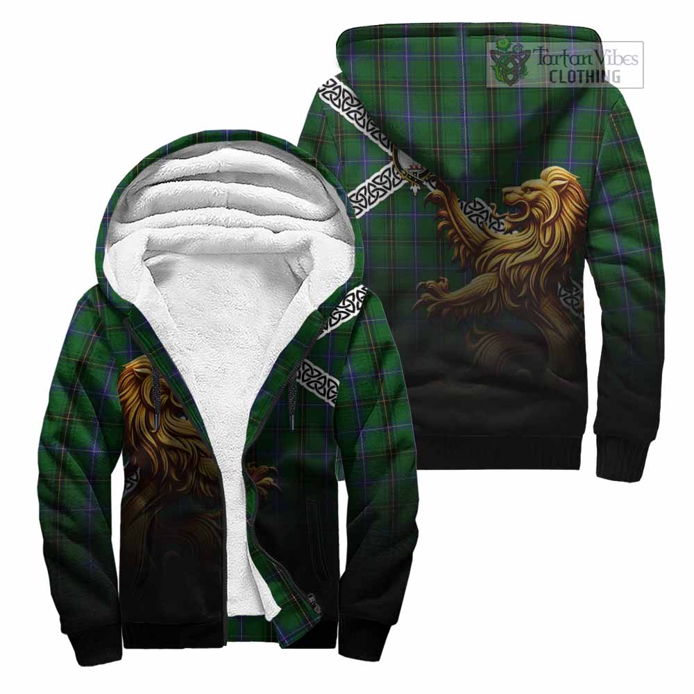 Tartan Vibes Clothing Henderson Crest Tartan Sherpa Hoodie with Golden Lion Emblem Celtic Style
