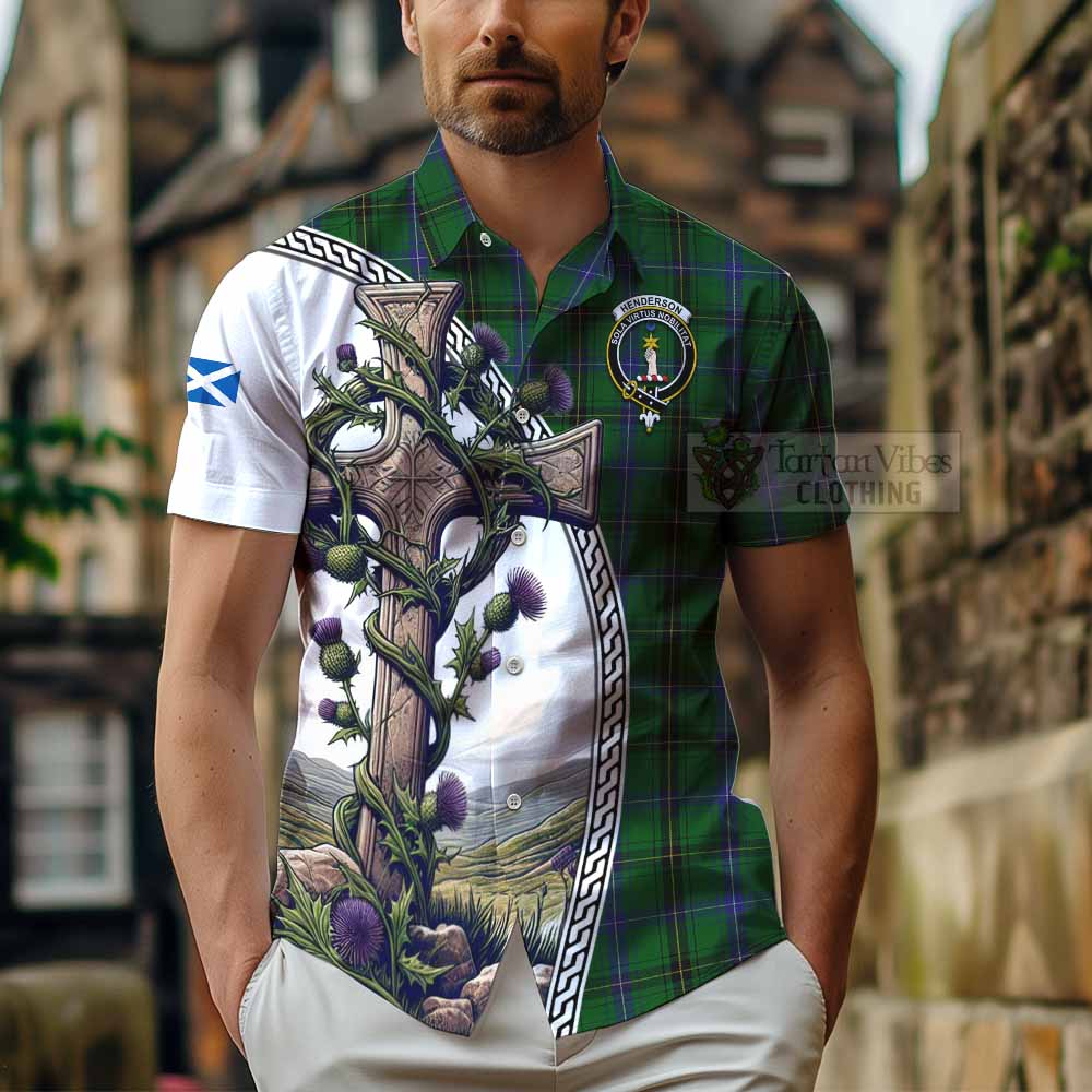 Tartan Vibes Clothing Henderson Tartan Short Sleeve Button Shirt with Family Crest and St. Andrew's Cross Accented by Thistle Vines
