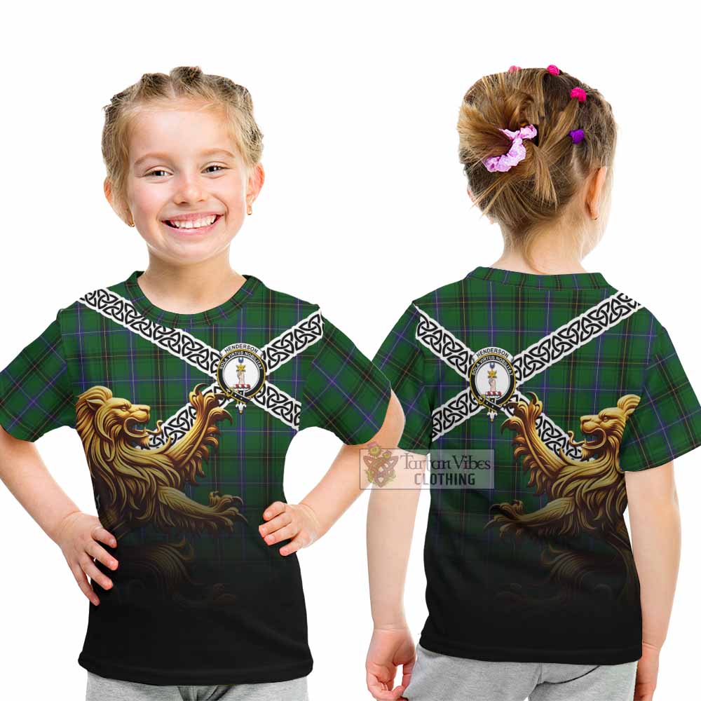 Tartan Vibes Clothing Henderson Crest Tartan Kid T-Shirt with Golden Lion Emblem Celtic Style