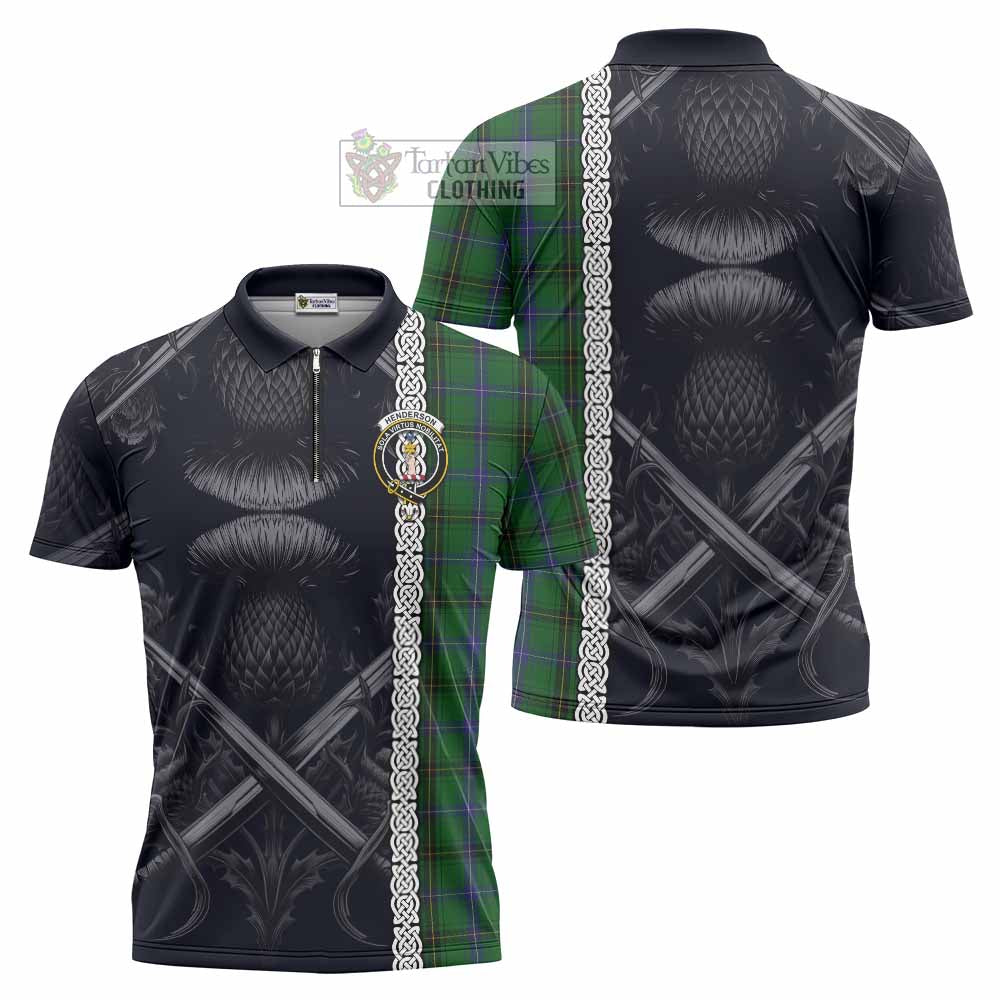 Tartan Vibes Clothing Henderson Tartan Zipper Polo Shirt with Family Crest Cross Sword Thistle Celtic Vibes