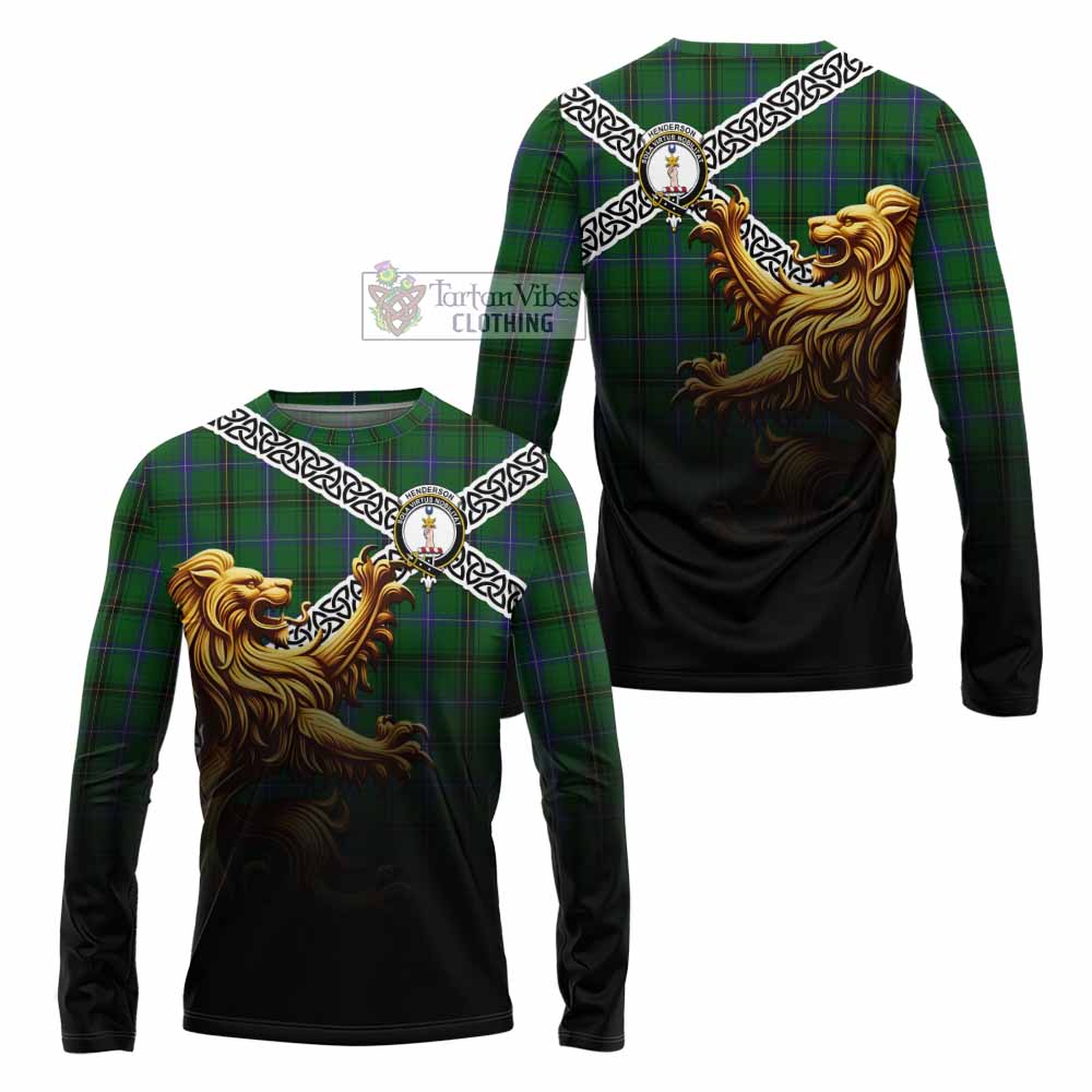 Tartan Vibes Clothing Henderson Crest Tartan Long Sleeve T-Shirt with Golden Lion Emblem Celtic Style
